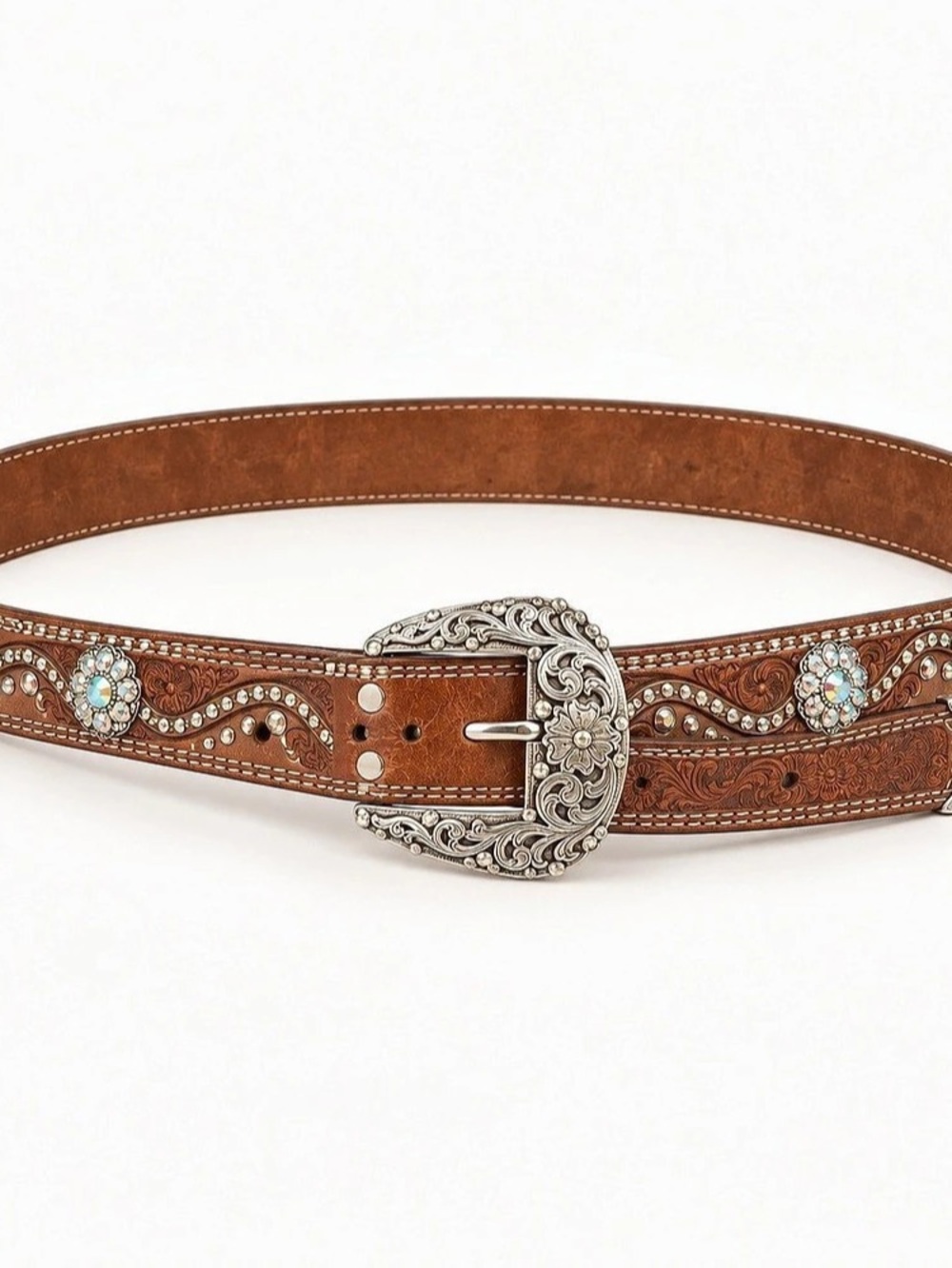 Brown Tooled Western Belt Rhinestone Conchos Ornate Buckle 36–40”